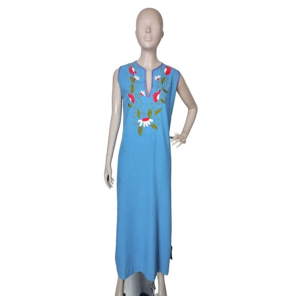 Vintage 70s Rodelinda Mexican Oaxacan Sleeveless Floral Embroidered Dress S/M/L - Picture 6 of 8